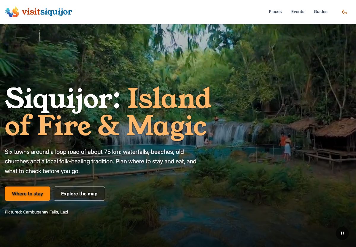 Home page of a website built as a visitor guide to the island of Siquijor