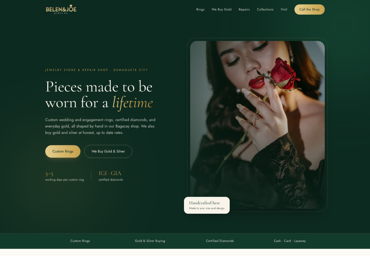 Home page of a website built for a jewelry store and repair shop in Dumaguete City